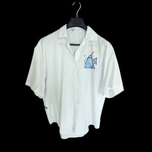CC Sport Mens White Short Sleeve‎ Embroidered Tropical Fish Button Down Shirt L